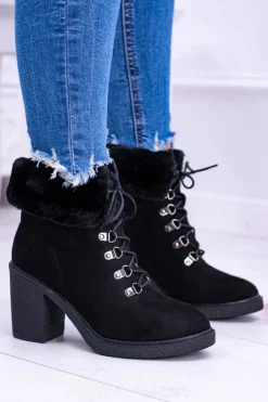Czarne Damskie Botki Z Futerkiem Na Słupku Influence