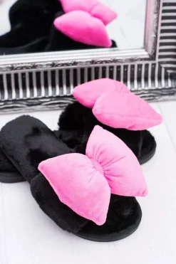 Czarne Damskie Klapki Lu Boo Duże Różowe Kokardy Floppy