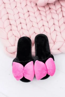 Czarne Damskie Klapki Lu Boo Duże Różowe Kokardy Floppy
