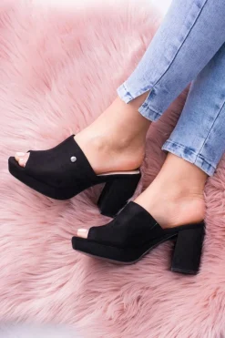 Czarne Damskie Klapki Na Słupku Elegante