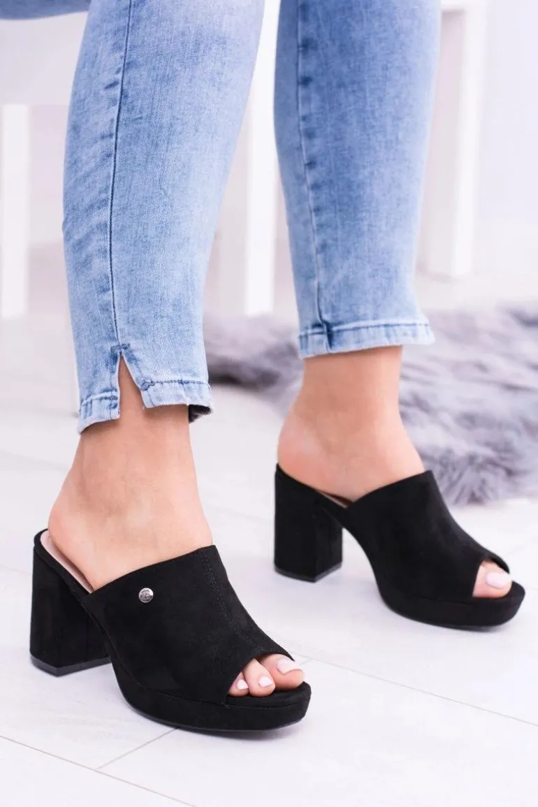 Czarne Damskie Klapki Na Słupku Elegante