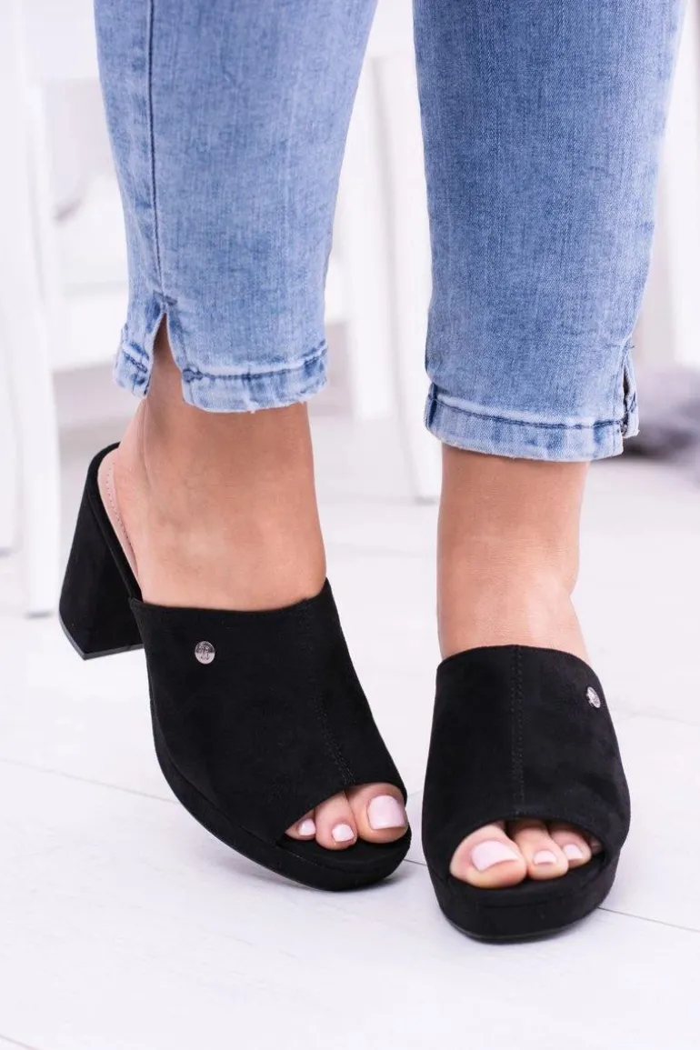 Czarne Damskie Klapki Na Słupku Elegante