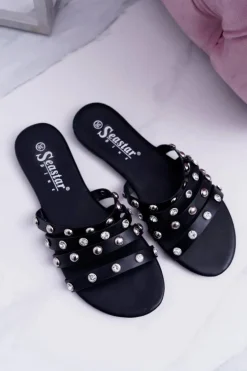 Czarne Damskie Klapki z Dżetami Kryształy Fergo