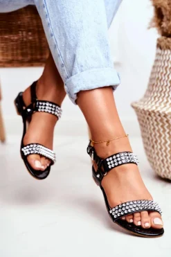 Czarne Damskie Płaskie Sandałki Lu Boo Z Ćwiekami Aldona