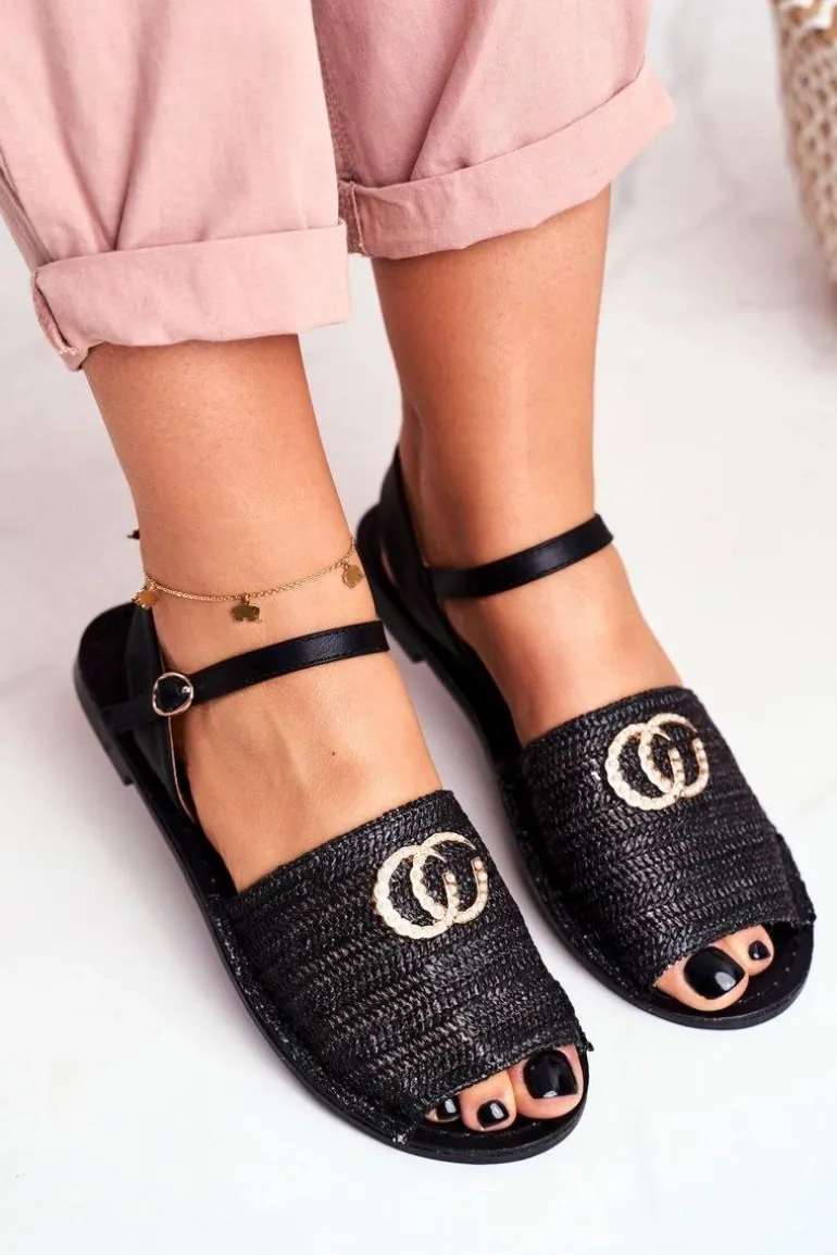 Czarne Damskie Płaskie Sandałki Lu Boo Plecione Felicia