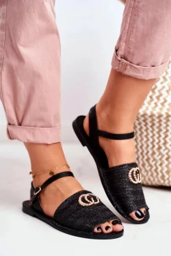 Czarne Damskie Płaskie Sandałki Lu Boo Plecione Felicia