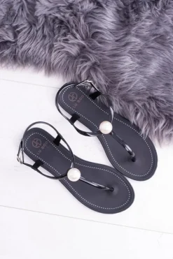 Czarne Damskie Sandałki Japonki Meliski z Perłą Contiro