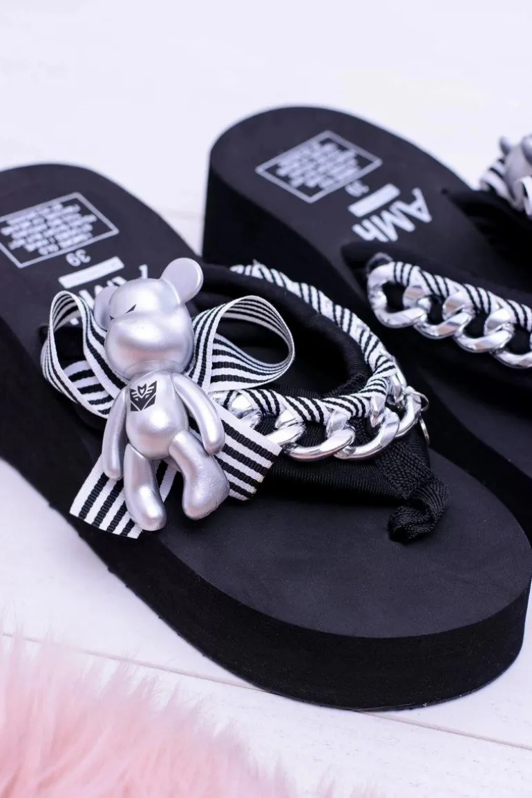 Czarne Ekstrawaganckie Klapki na Koturnie Shock