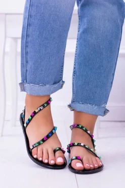 Czarne Eleganckie Wsuwane Damskie Sandały Ćwieki Gennaro