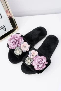 Czarne Klapki Damskie Z Kwiatkami Lu Boo Bouquet