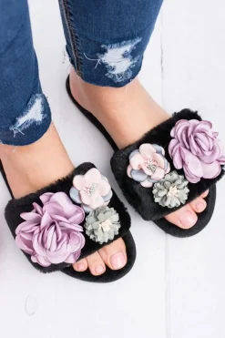 Czarne Klapki Damskie Z Kwiatkami Lu Boo Bouquet
