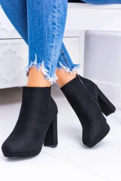 Czarne Nubukowe Botki na Słupku Emoretto