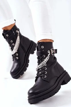 Czarne Workery Botki z Łańcuchem Midtown