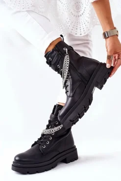 Czarne Workery Botki z Łańcuchem Midtown