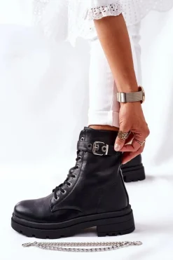 Czarne Workery Botki z Łańcuchem Midtown