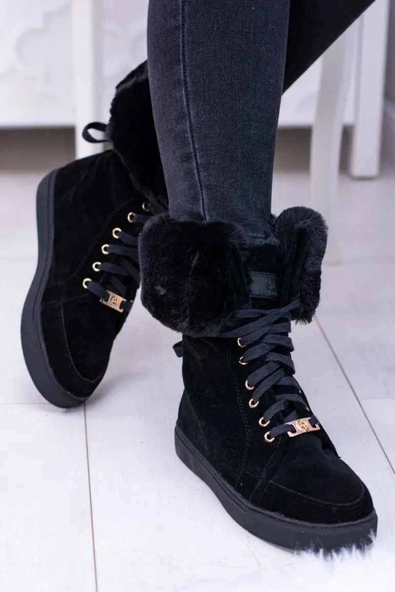 Czarne Zamszowe Botki LU BOO Timberki z Futrem