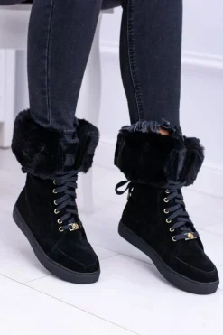 Czarne Zamszowe Botki LU BOO Timberki z Futrem