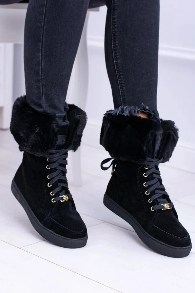 Czarne Zamszowe Botki LU BOO Timberki z Futrem