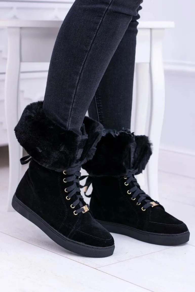 Czarne Zamszowe Botki LU BOO Timberki z Futrem