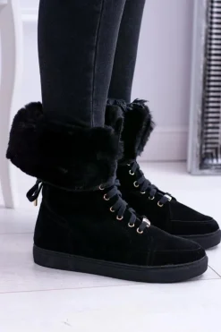 Czarne Zamszowe Botki LU BOO Timberki z Futrem