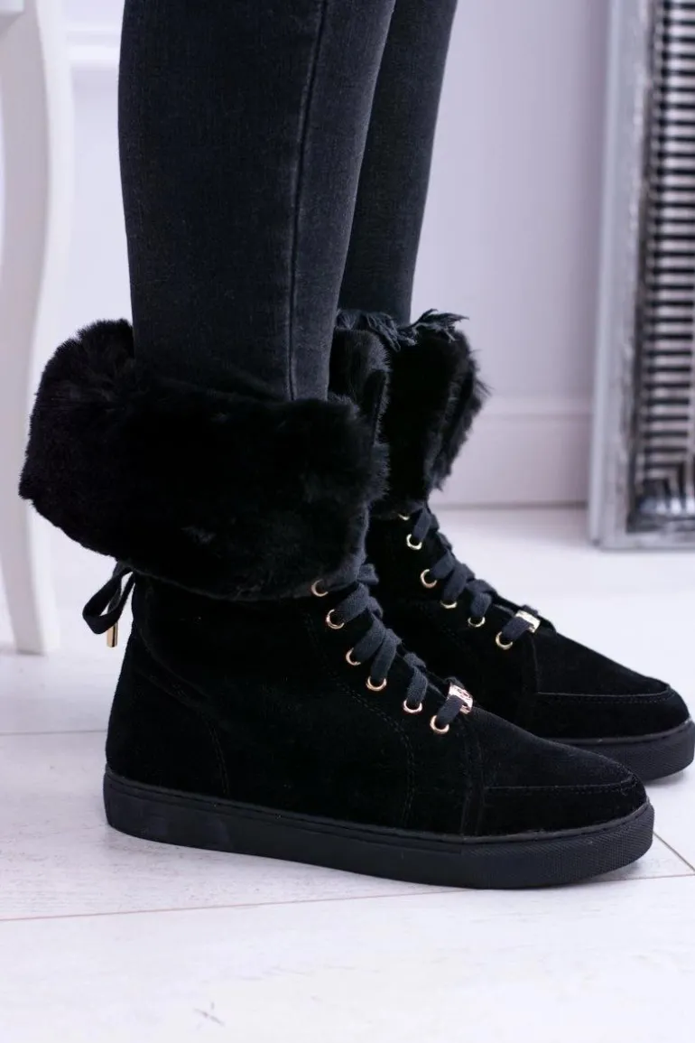 Czarne Zamszowe Botki LU BOO Timberki z Futrem