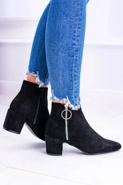 Czarne Zamszowe Botki Na Słupku w Szpic Jonnes