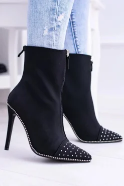 Czarne Zamszowe Botki na Szpilce Regio