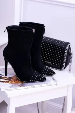 Czarne Zamszowe Botki na Szpilce Regio