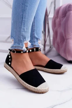 Czarne Zamszowe Espadryle Balerinki z Ćwiekami Christelle