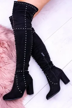 Czarne Zamszowe Kozaki Za Kolano Muszkieterki Ćwieki Almo