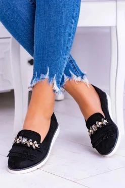 Czarne Zamszowe Mokasyny z Kryształami Vivaro