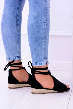 Czarne Zamszowe Sandały na Lekkim koturnie Espanoso