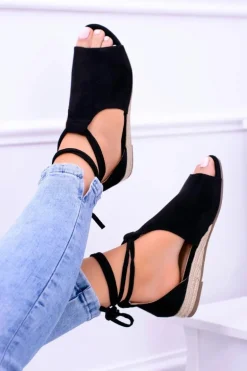 Czarne Zamszowe Sandały na Lekkim koturnie Espanoso