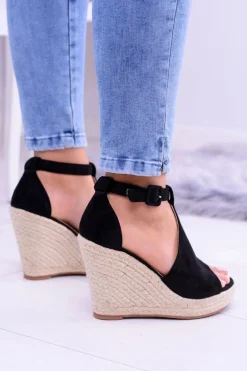 Czarne Zamszowe Sandały Na Koturnie Sunlast