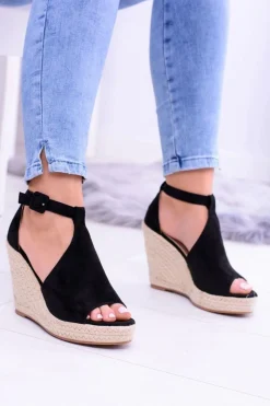 Czarne Zamszowe Sandały Na Koturnie Sunlast