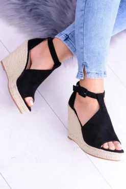 Czarne Zamszowe Sandały Na Koturnie Sunlast