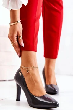 Czółenka Damskie Lakierowane Na Słupku Ciemnoszare Campbell