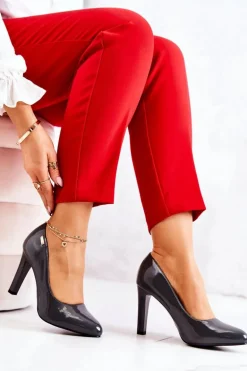 Czółenka Damskie Lakierowane Na Słupku Ciemnoszare Campbell