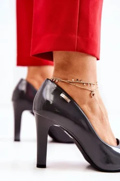 Czółenka Damskie Lakierowane Na Słupku Ciemnoszare Campbell