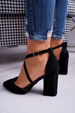 Czółenka Damskie Na Słupku Brokatowe Czarne Perset