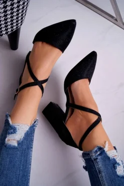 Czółenka Damskie Na Słupku Brokatowe Czarne Perset