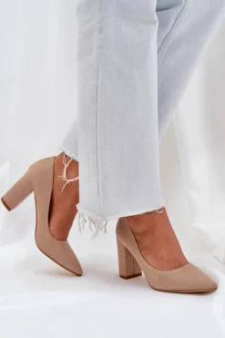 Czółenka Damskie Na Słupku Eko Zamszowe Ciemnobeżowe Florena