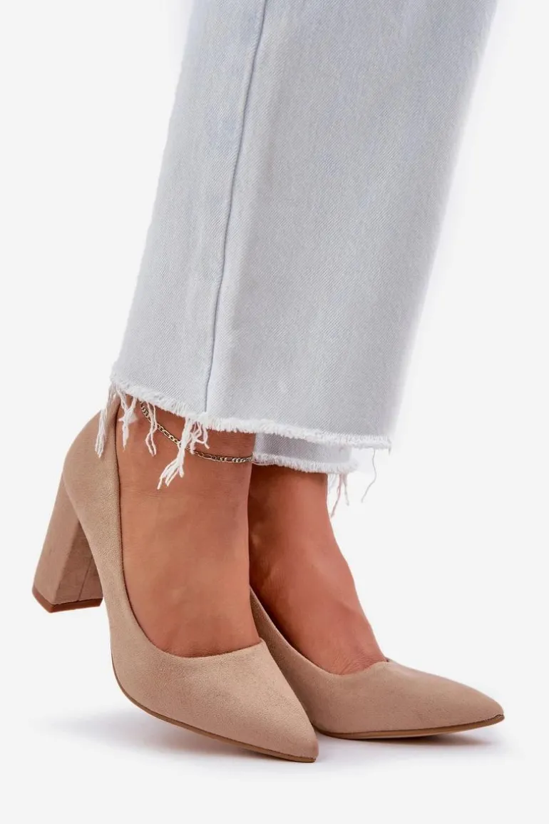 Czółenka Damskie Na Słupku Eko Zamszowe Ciemnobeżowe Florena