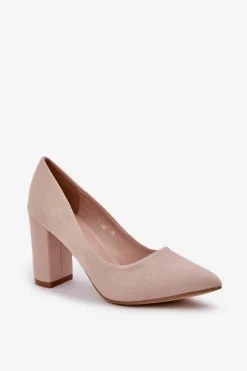 Czółenka Damskie Na Słupku Eko Zamszowe Beżowe Florena