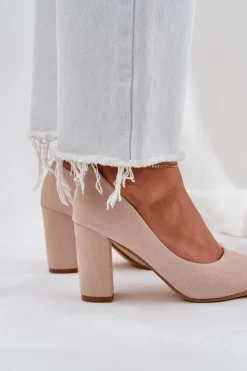 Czółenka Damskie Na Słupku Eko Zamszowe Beżowe Florena