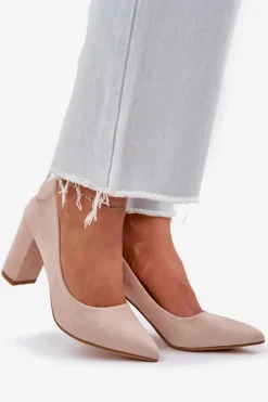 Czółenka Damskie Na Słupku Eko Zamszowe Beżowe Florena