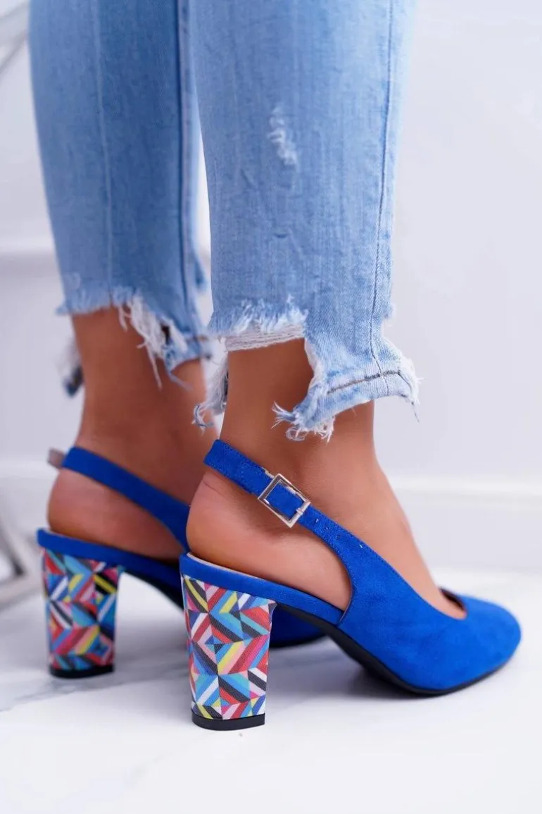 Czółenka Damskie Na Słupku Galanterki Sergio Leone SK788 Niebieskie Lati