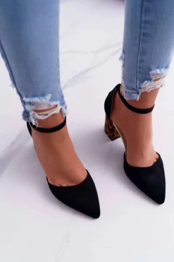 Czółenka Damskie Na Słupku Panterki Czarne Ferri