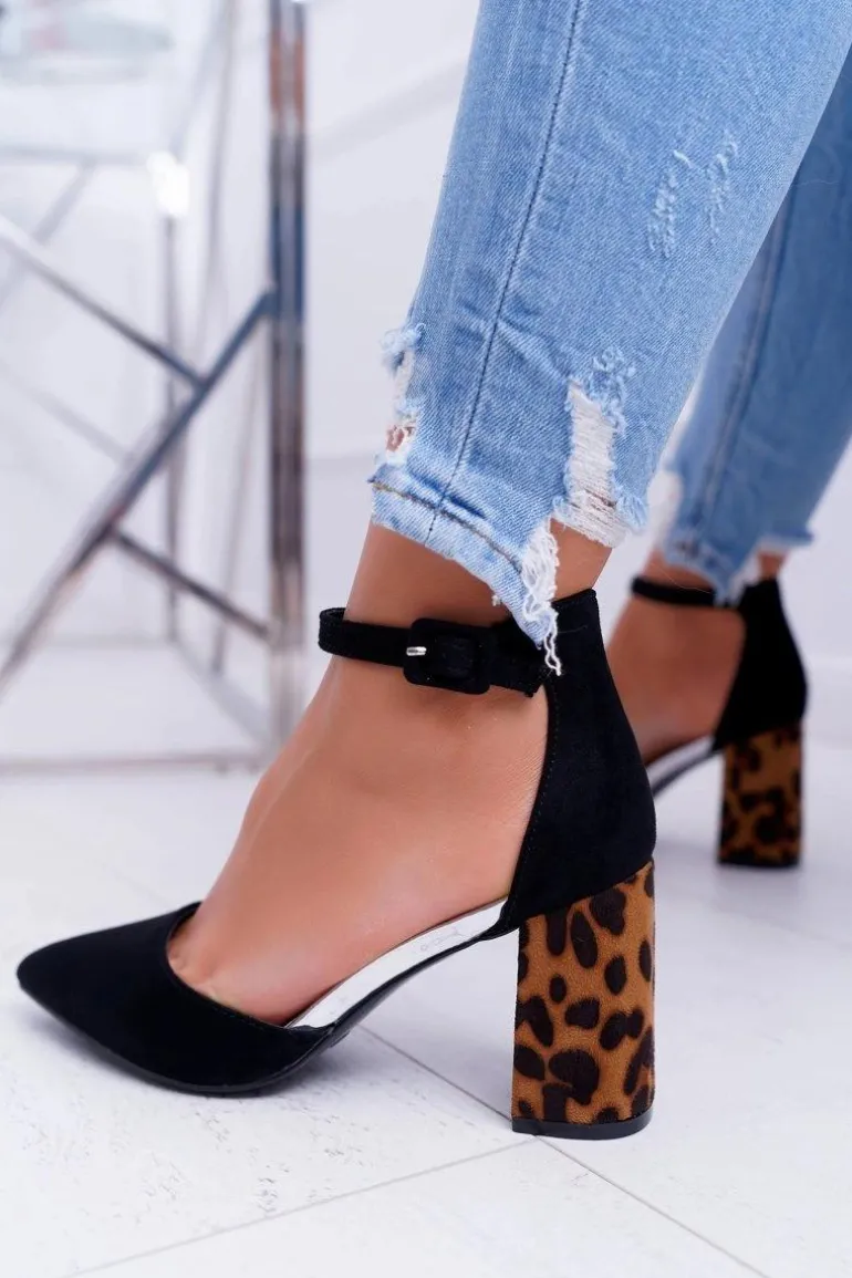 Czółenka Damskie Na Słupku Panterki Czarne Ferri