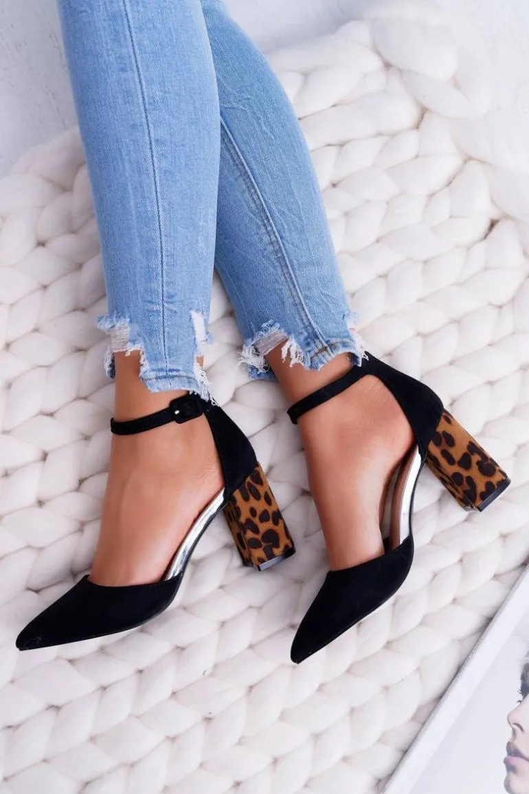 Czółenka Damskie Na Słupku Panterki Czarne Ferri